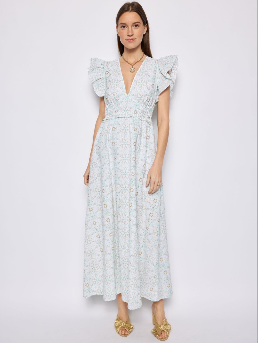 Sail to Sable Cabbage & White Eyelet V-Neck Flutter Sleeve Maxi Dress